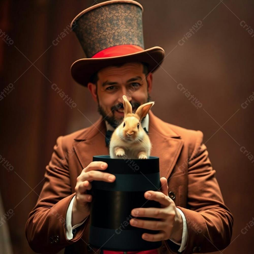 High Resolution Stock Photo A Man In A Magician&#39;S Outfit Pulling A Rabbit From A Top Hat. Warm Autumnal Colors, Soft Cinematic Haze, Earthy And Cozy Aesthetic, Commercial Quality, Soft Focus, Hazy Background