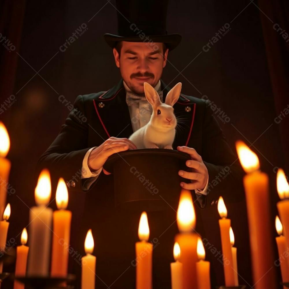 High Resolution Stock Photo A Man In A Magician&#39;S Outfit Pulling A Rabbit From A Top Hat. Warm Candle Lights, Low Angle Perspective, Looking Up, Dramatic, Flickering Flames, Warm Glow. Commercial, Professional Quality