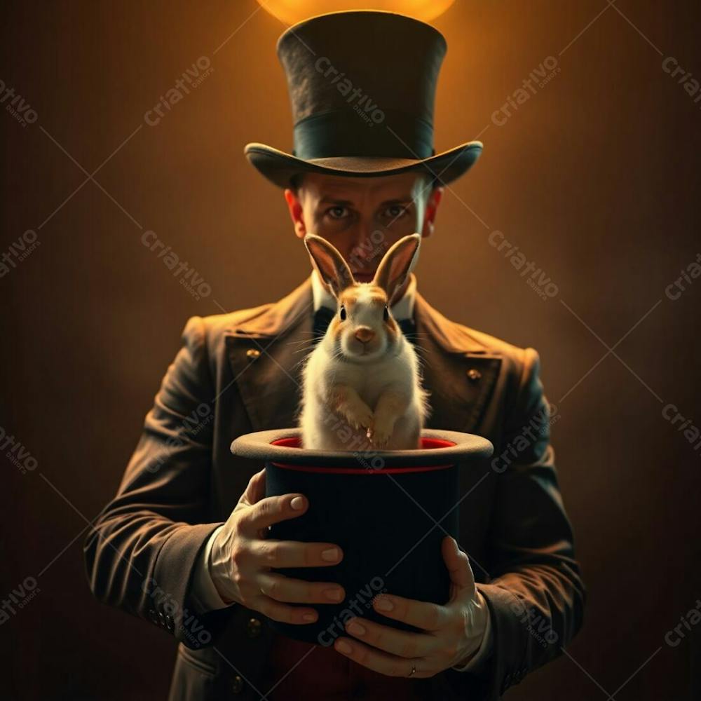 High Resolution Stock Photo A Man In A Magician&#39;S Outfit Pulling A Rabbit From A Top Hat. Warm Golden Glow, Eerie Creepy Atmosphere, Dark Tones, Unsettling Details, Radiant And Luxurious, Commercial Quality