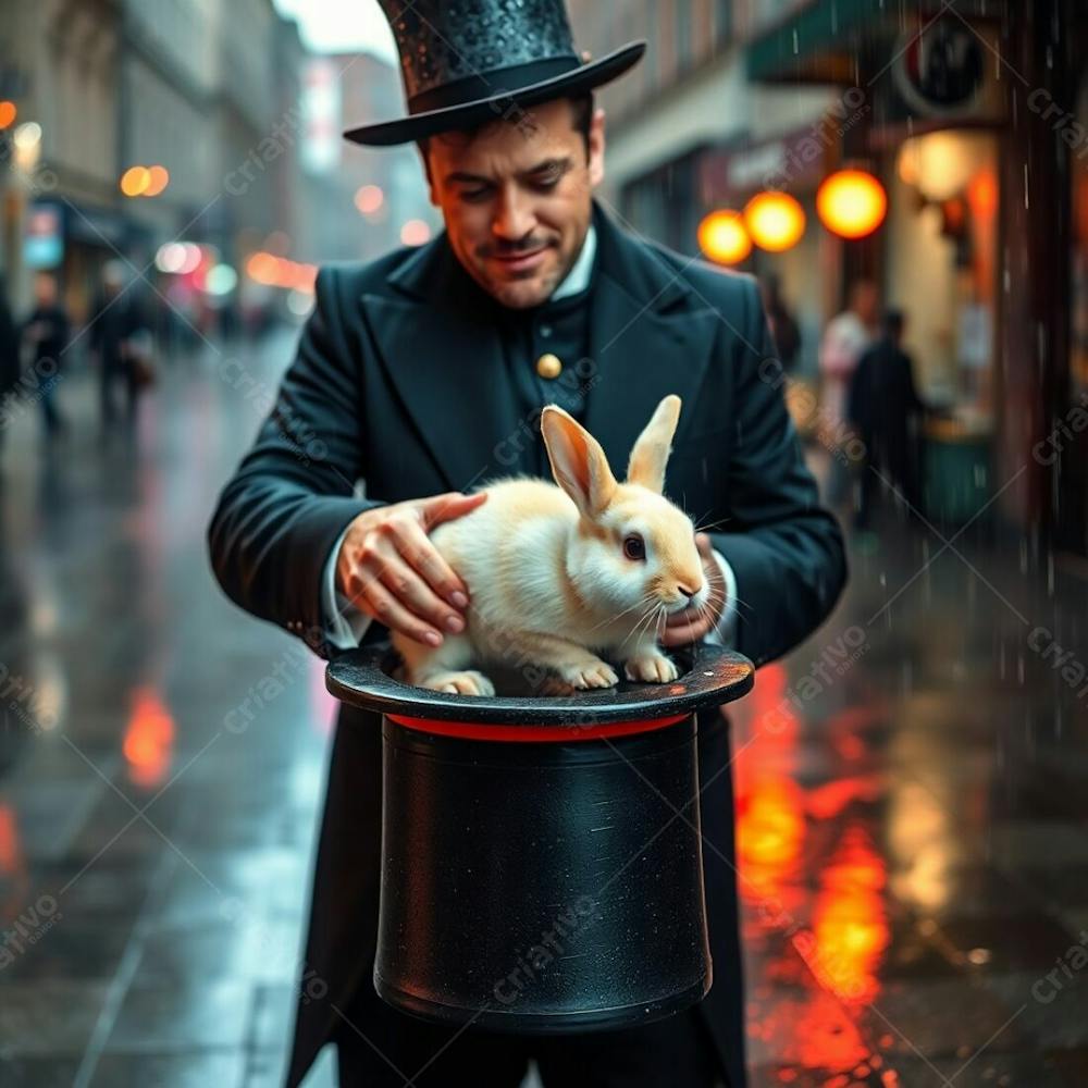 High Resolution Stock Photo A Man In A Magician&#39;S Outfit Pulling A Rabbit From A Top Hat. Wet Rainy Scene, Iridescent Colors, Iridescent Reflections, Drizzling Rain, Reflective Surfaces, Commercial Quality