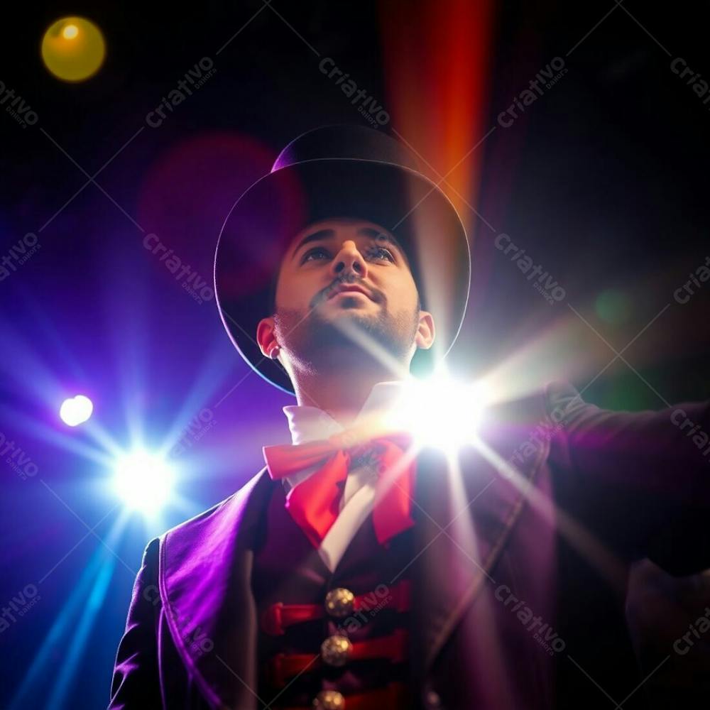 High Resolution Stock Photo A Man In A Magician&#39;S Outfit, Low Angle, Bright Lens Flare, Vibrant Colors, Dramatic Lighting, Commercial Quality, Professional Look, Light Streaks