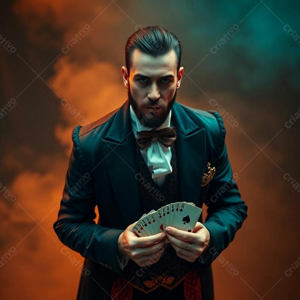 High Resolution Stock Photo A Man In Magician&#39;S Attire Holding Playing Cards, Commercial Quality, High Angle Perspective. Volumetric Lighting, Warm Terracotta And Cool Teal, Elevated View, Earthy And Cool Contrast, Visible Light