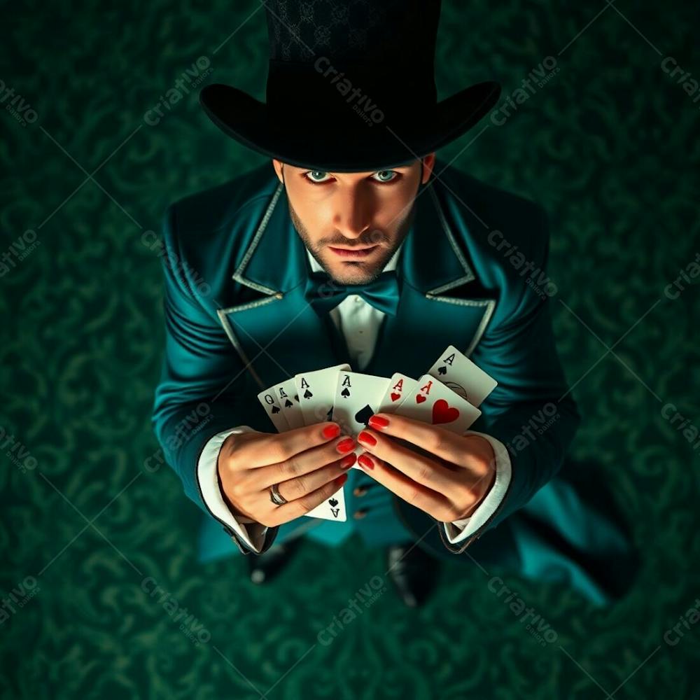 High Resolution Stock Photo A Man In Magician&#39;S Attire Holding Playing Cards, Commercial Quality, Overhead Bird’s Eye View. Rich Deep Teal, Luxurious And Vibrant, Top Down Perspective, Artistic Lighting, Abstract Patterns