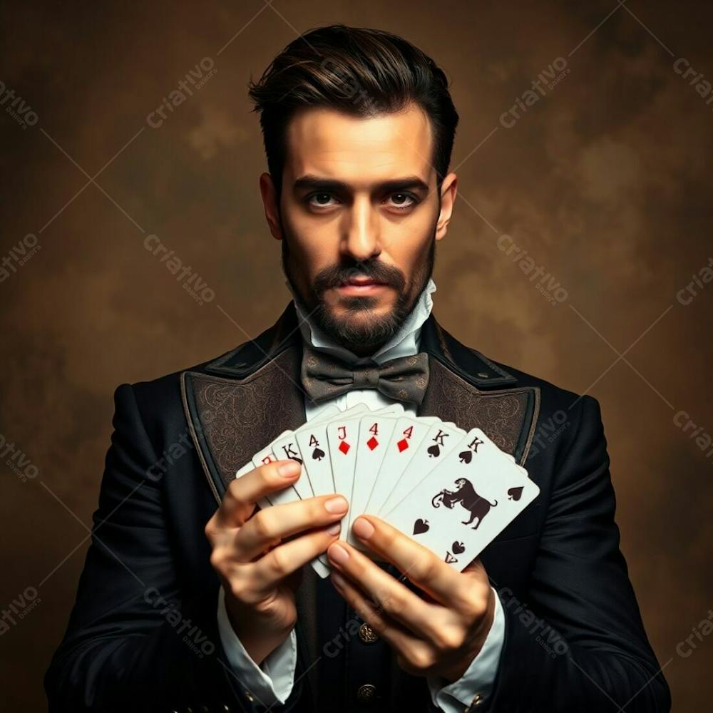 High Resolution Stock Photo A Man In Magician&#39;S Attire Holding Playing Cards, Commercial Quality. Earth Tones, Ethereal Vibe, Muted Browns And Beiges, Light Aura, Mystical Feeling. Professional, High Resolution Image With A Spir