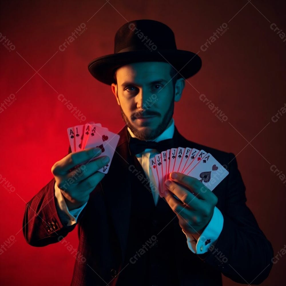 High Resolution Stock Photo A Man In Magician&#39;S Attire Holding Playing Cards, Commercial Quality. Bioluminescent Glow, Natural Earth Tones, Browns And Beiges, Natural Light Effects, Vibrant Glow, Muted Colors