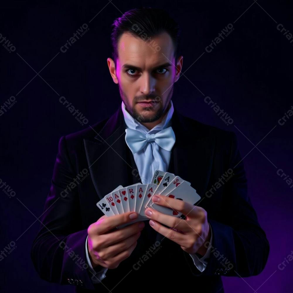 High Resolution Stock Photo A Man In Magician&#39;S Attire Holding Playing Cards, Commercial Quality. Deep Ultraviolet Hues, Eerie Atmosphere, Dark Tones, Unsettling Details, Vivid Purples, High Contrast