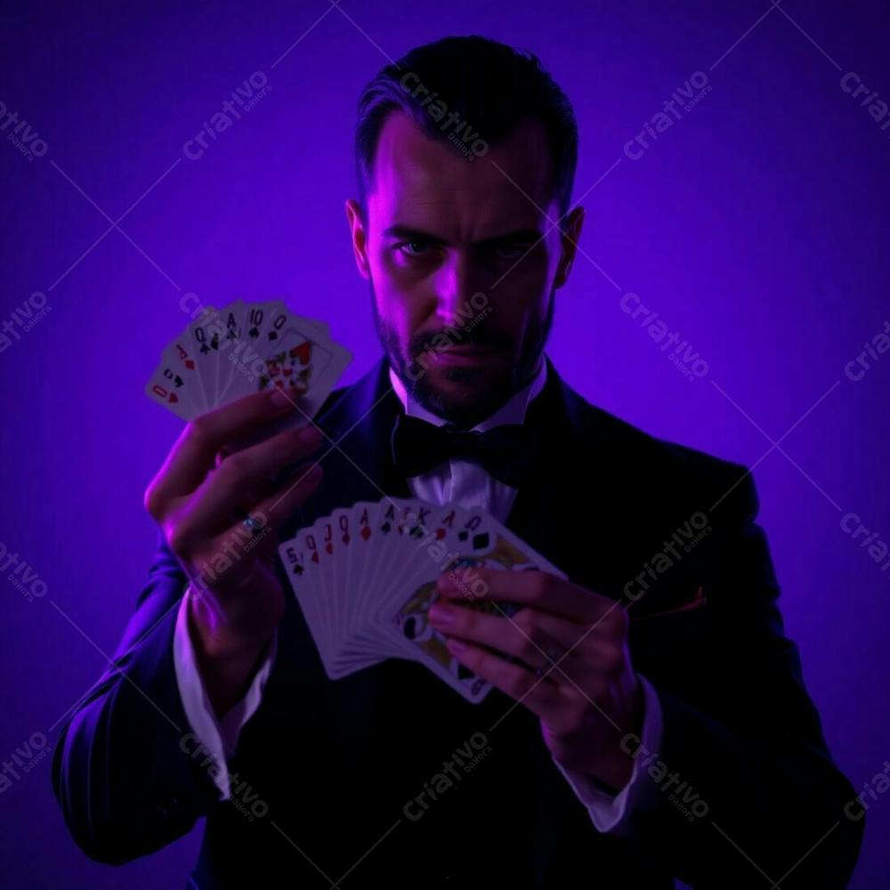 High Resolution Stock Photo A Man In Magician&#39;S Attire Holding Playing Cards, Commercial Quality. Deep Ultraviolet Hues, Low Key Lighting, Deep Shadows, Dramatic Effect, Vivid Purples, High Contrast