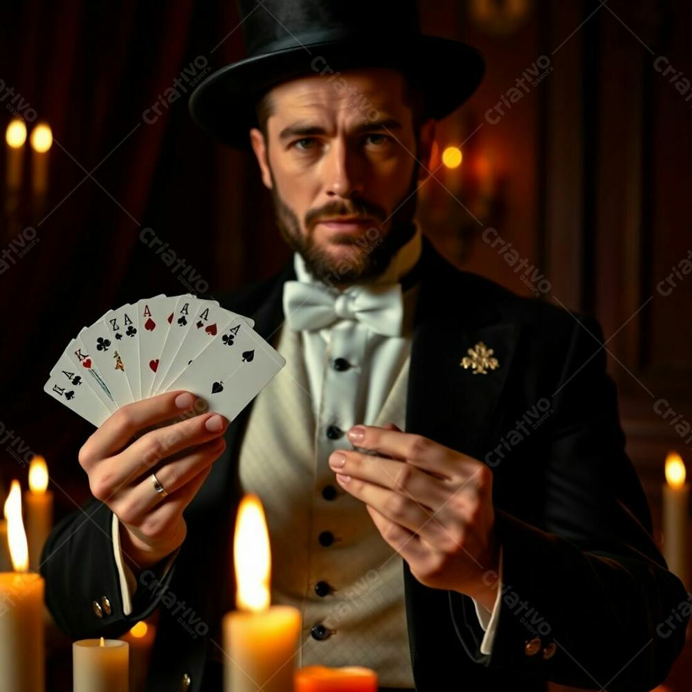 High Resolution Stock Photo A Man In Magician&#39;S Attire Holding Playing Cards, Commercial Quality. Distinct Warm Candlelight, Flickering Flames, Creating A Warm Glow. Image Divided Into Bold Sections