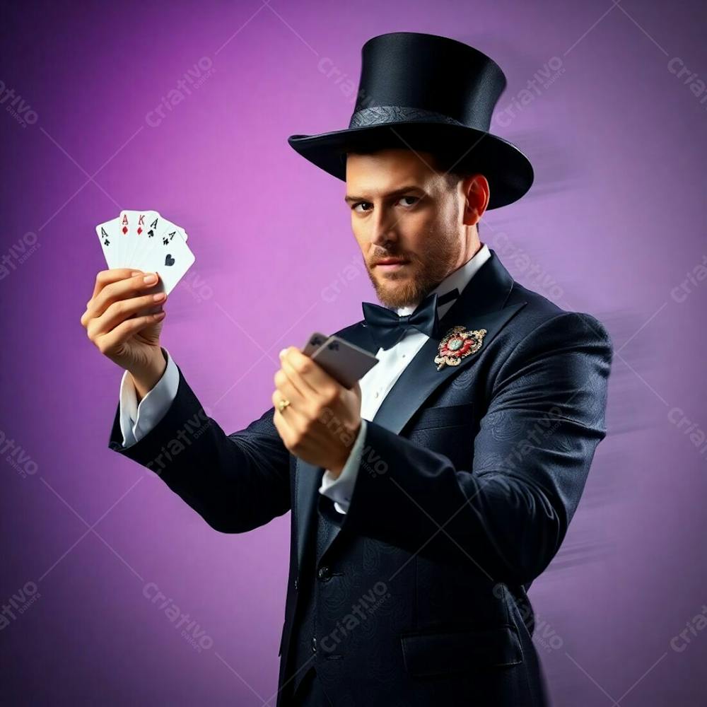 High Resolution Stock Photo A Man In Magician&#39;S Attire Holding Playing Cards, Commercial Quality. Dynamic Motion, Smooth Gradient Transition, Artistic Lighting, Abstract Patterns, Seamless Color Blending, Blurred Lines, Action Po