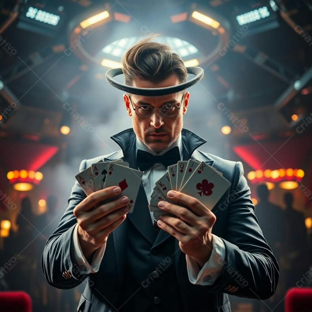 High Resolution Stock Photo A Man In Magician&#39;S Attire Holding Playing Cards, Commercial Quality. Epic, Modern, Futuristic Scene With Lens Glow Lighting, Heroic Elements, Massive Scale