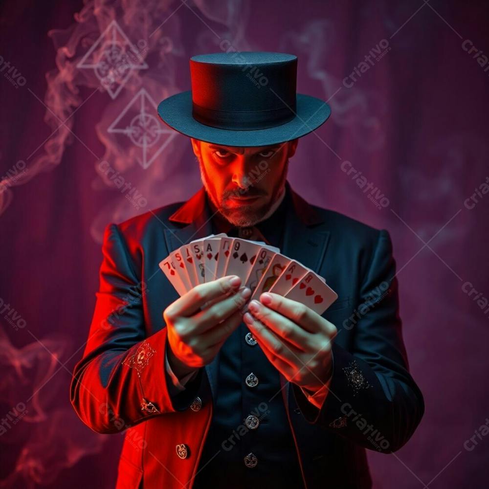 High Resolution Stock Photo A Man In Magician&#39;S Attire Holding Playing Cards, Commercial Quality. Ethereal Spiritual Vibe, Electric Vivid Colors, Mystical Environment, Gentle Color Contrasts, Dreamlike Atmosphere, Otherworldly Qu