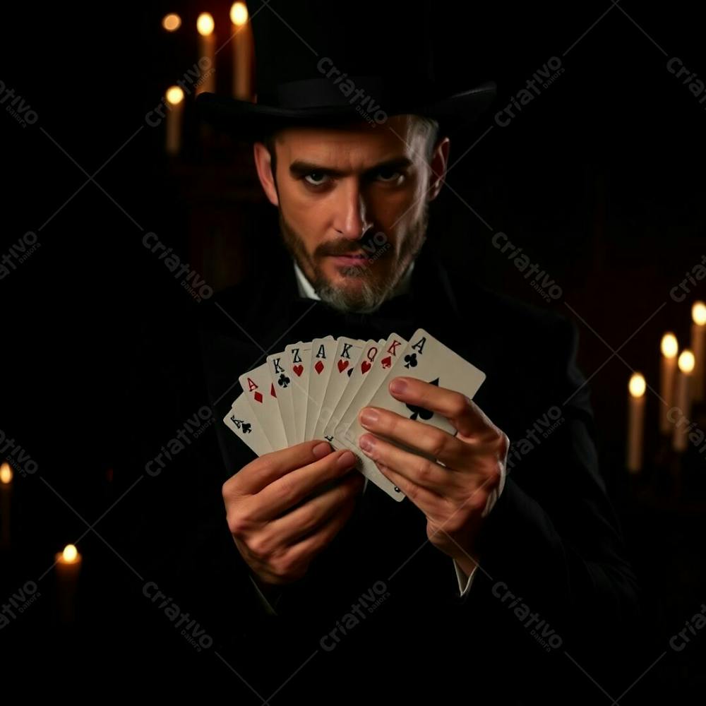 High Resolution Stock Photo A Man In Magician&#39;S Attire Holding Playing Cards, Commercial Quality. Intense Jet Black, Eerie Creepy Atmosphere, Warm Candlelight, Flickering Flames, Warm Glow, Dark Tones, Unsettling Details, Pure Bl