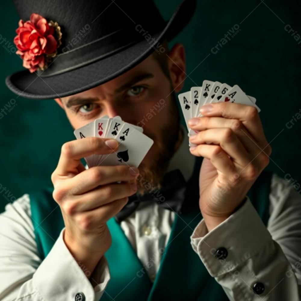 High Resolution Stock Photo A Man In Magician&#39;S Attire Holding Playing Cards, Commercial Quality. Rich Deep Teal, Luxurious And Vibrant