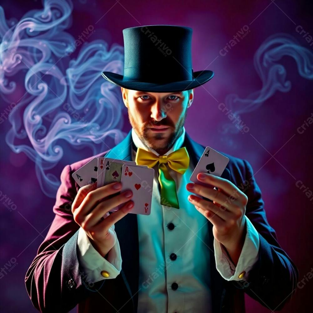 High Resolution Stock Photo A Man In Magician&#39;S Attire Holding Playing Cards, Commercial Quality. Vibrant Complementary Colors, Ethereal Spiritual Vibe, Light Aura, Mystical Feeling, Contrasting Colors, Balanced Tones