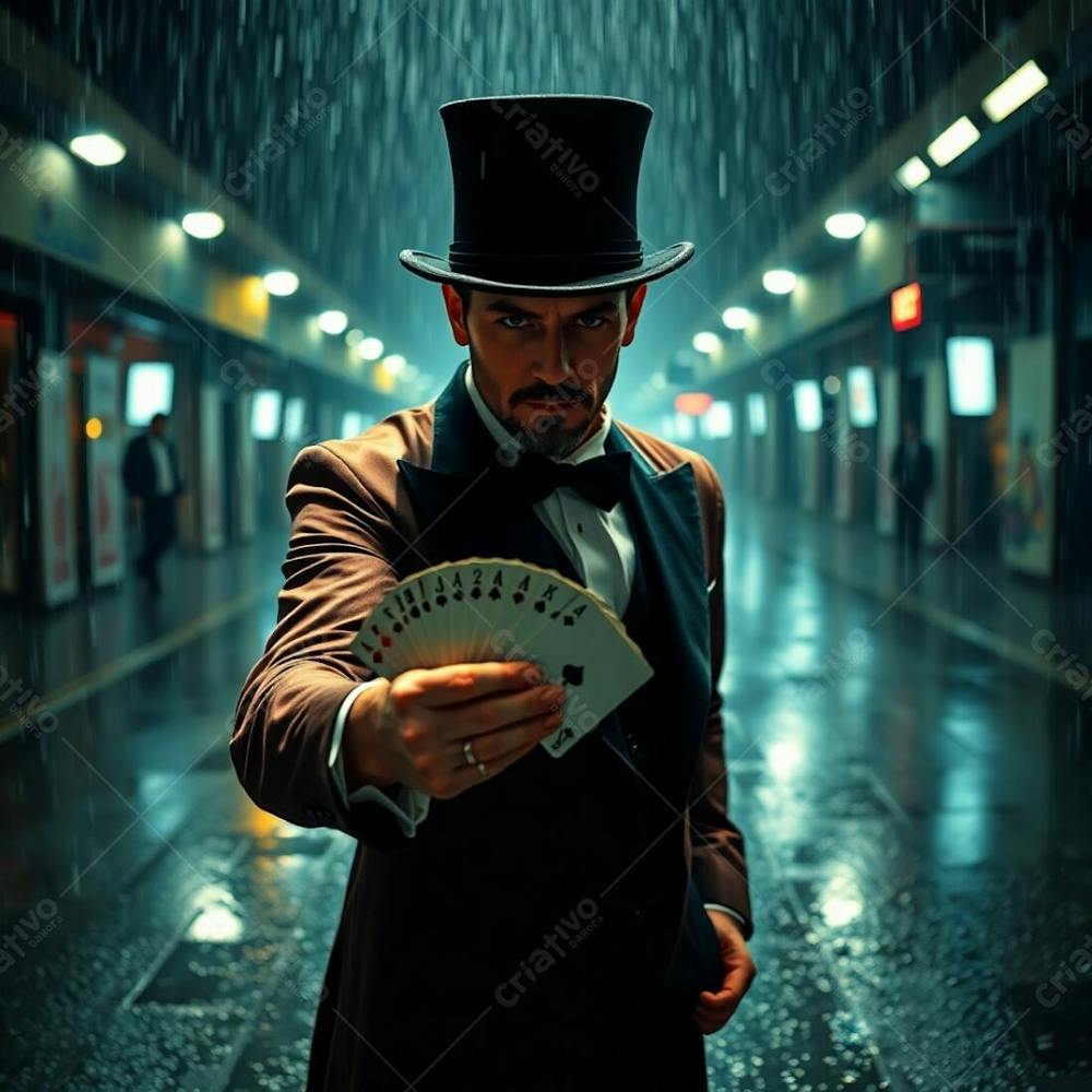 High Resolution Stock Photo A Man In Magician&#39;S Attire Holding Playing Cards, Commercial Quality. Wet Rainy Scene, Cinematic Style, Film Like Composition And Lighting, Drizzling Rain, Reflective Surfaces