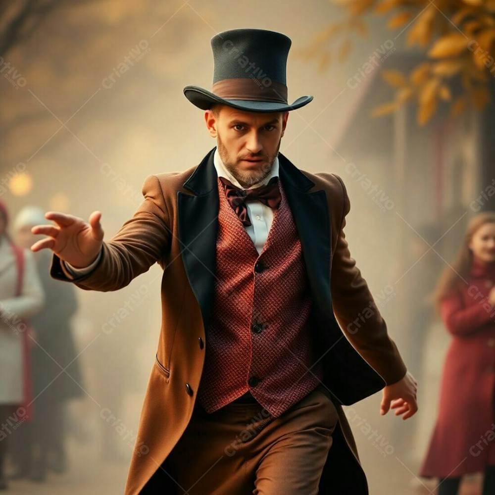 High Resolution Stock Photo A Man In Magician&#39;S Attire, Dynamic In Motion, Soft Cinematic Haze, Warm Autumn Colors, Commercial Quality, Earthy And Cozy, Soft Focus, Hazy Background, Blurred Lines, Action Poses