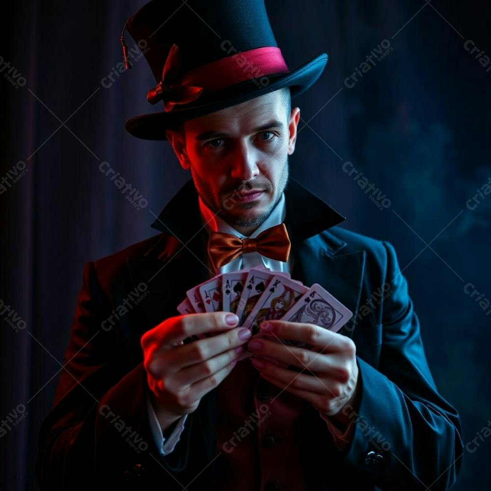 High Resolution Stock Photo A Man In Magician&#39;S Attire, Holding Playing Cards, Eerie, Creepy Atmosphere. Electric Vivid Colors, Dark Tones, Unsettling Details. Commercial, Professional Quality