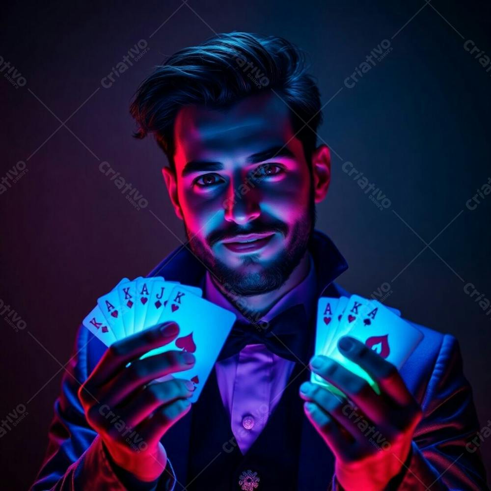 High Resolution Stock Photo A Man In Magician&#39;S Attire, Holding Playing Cards, Glowing Bioluminescent Colors. Natural Light Effects, Vibrant Glow, Adorable, Charming Features. Commercial, Professional Quality