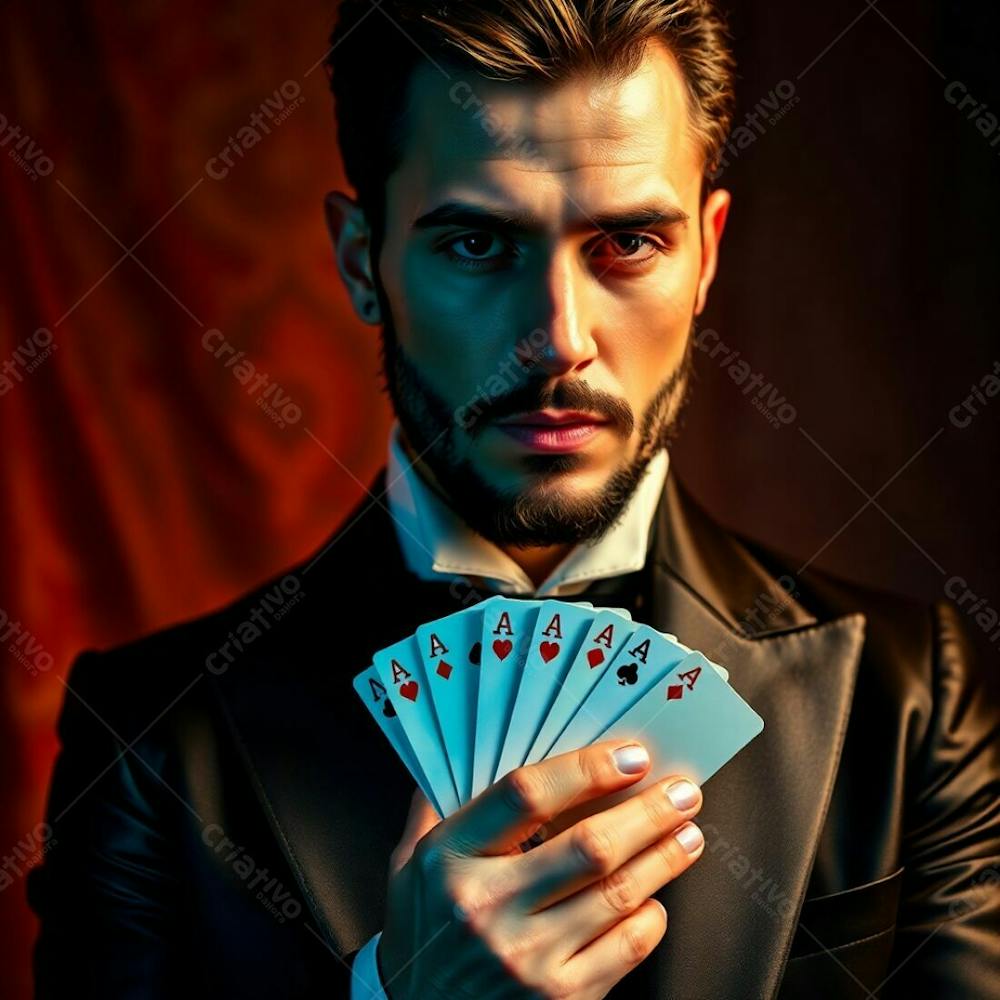 High Resolution Stock Photo A Man In Magician&#39;S Attire, Holding Playing Cards, Iridescent Colors. Graceful And Elegant, Refined Features, Iridescent Reflections. Commercial, Professional Quality