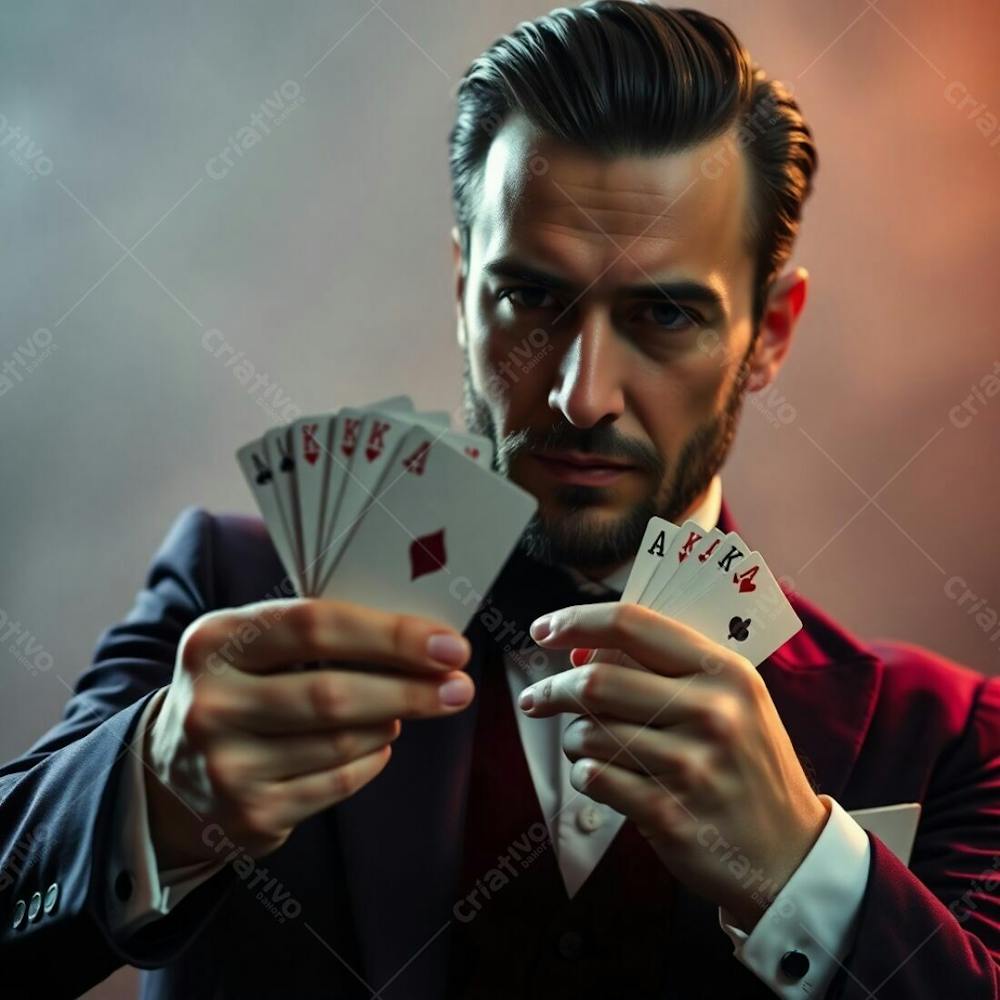 High Resolution Stock Photo A Man In Magician&#39;S Attire, Holding Playing Cards, Soft Cinematic Haze. Rich Burgundy And Deep Blue, Sophisticated And Elegant, Soft Focus, Hazy Background. Commercial, Professional Quality