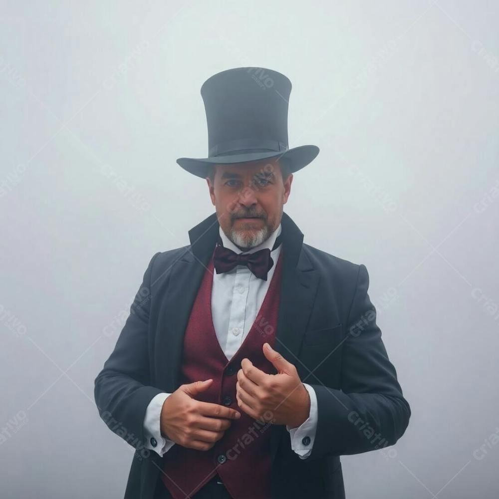 High Resolution Stock Photo A Man In Magician&#39;S Attire, Thick Foggy Surroundings, Commercial Quality, Low Visibility, Thick Fog