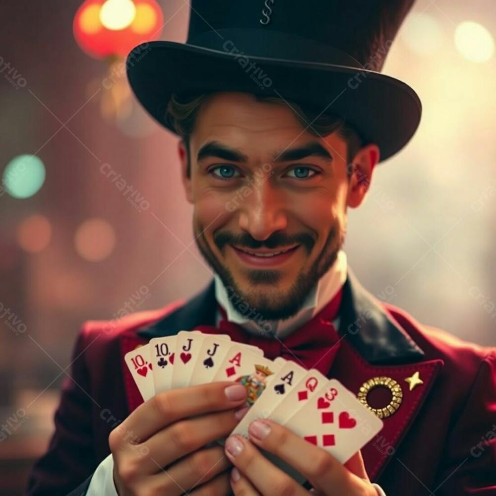 High Resolution Stock Photo An Adorable, Charming Man In A Magician&#39;S Costume Holds Playing Cards. Soft Cinematic Haze, Vibrant Complementary Colors, Soft Focus, Hazy Background, Commercial Quality