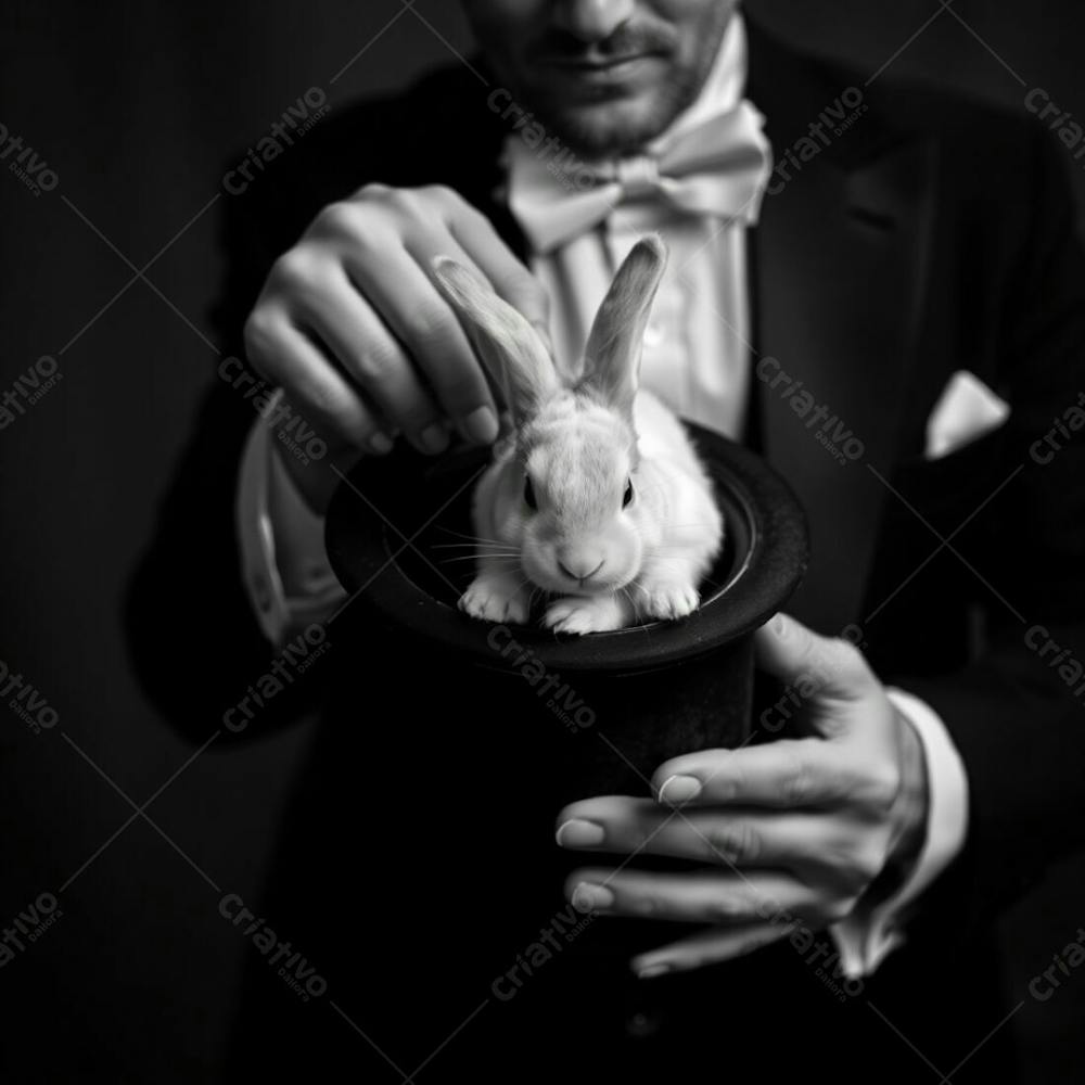 High Resolution Stock Photo Classic Black And White High Angle Shot Of A Magician Pulling A Rabbit From A Top Hat, Commercial Quality, Timeless And Elegant