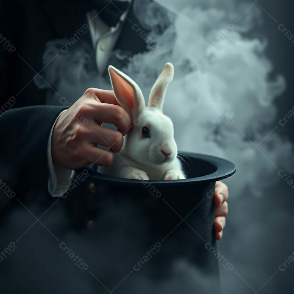 High Resolution Stock Photo Close Up Of A Magician Pulling A Rabbit From A Top Hat. Thick Fog, Low Visibility, Detailed Focus. Commercial Quality, Professional Style