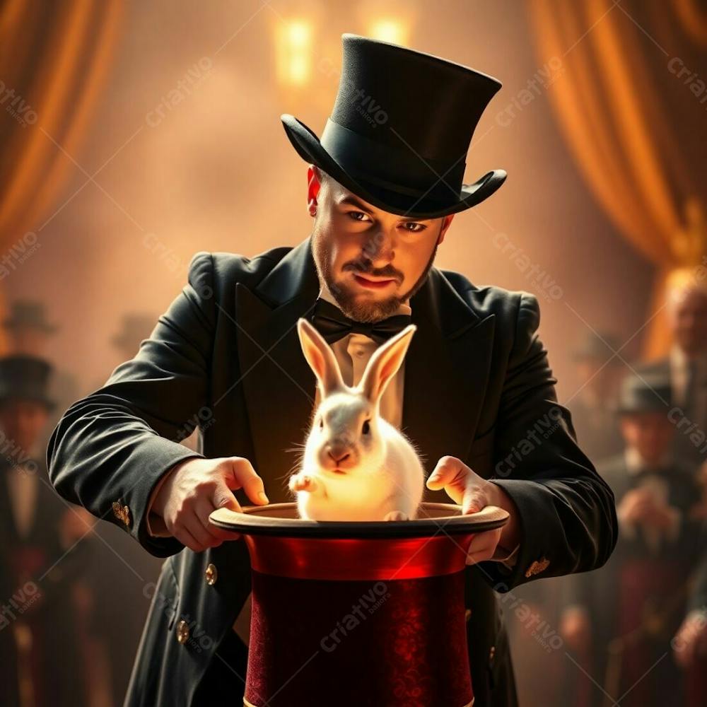 High Resolution Stock Photo Epic Scene Of A Man In A Magician&#39;S Outfit Pulling A Rabbit From A Top Hat. Warm Golden Hour Light, Lens Glow, Massive Scale, Heroic Elements, Soft Light, Commercial Quality