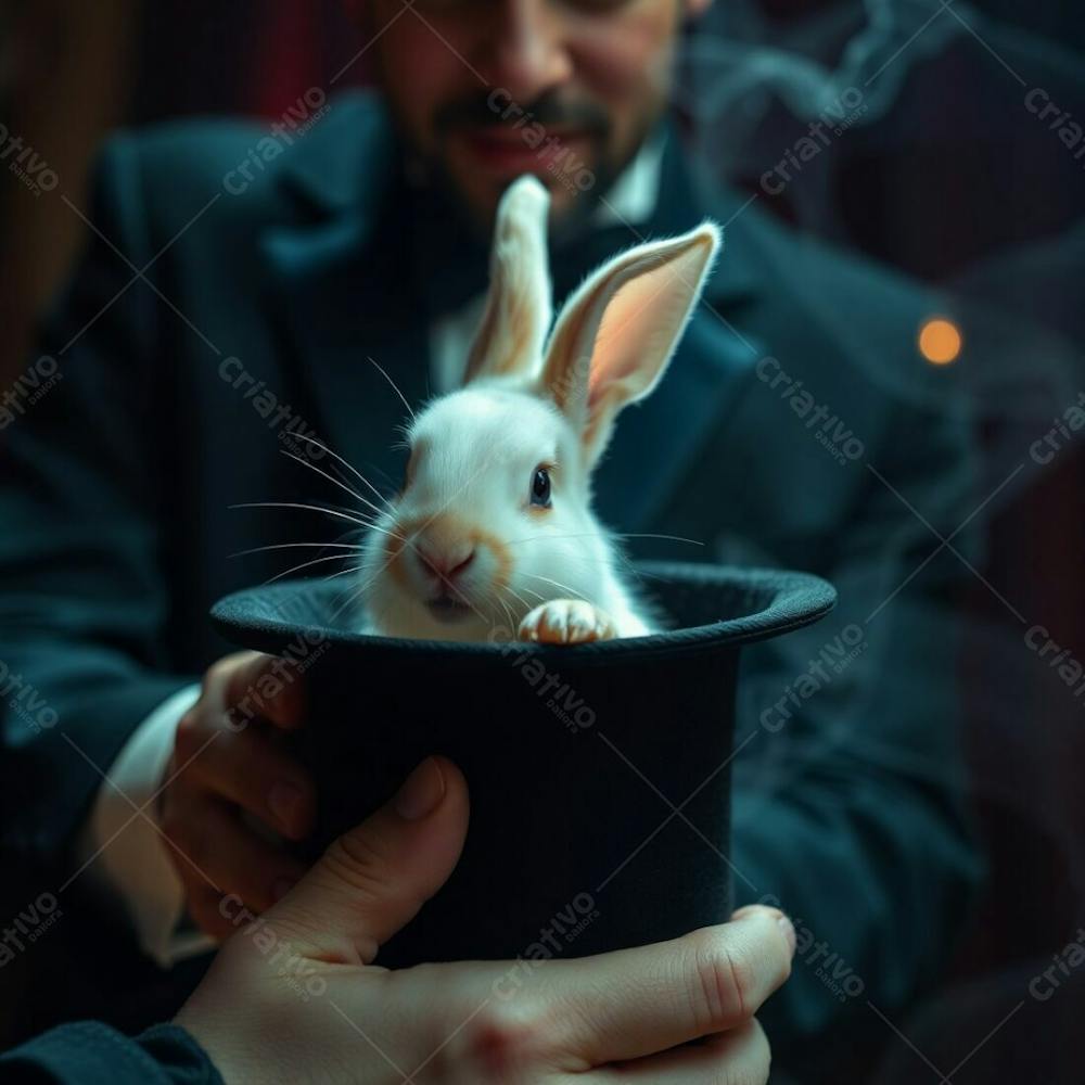 High Resolution Stock Photo Extreme Macro Close Up Of A Magician Pulling A Rabbit From A Hat, Mystic Enchanting Environment, Gentle Color Contrasts, Dreamlike Atmosphere, Otherworldly Quality. Commercial, Professional Quality