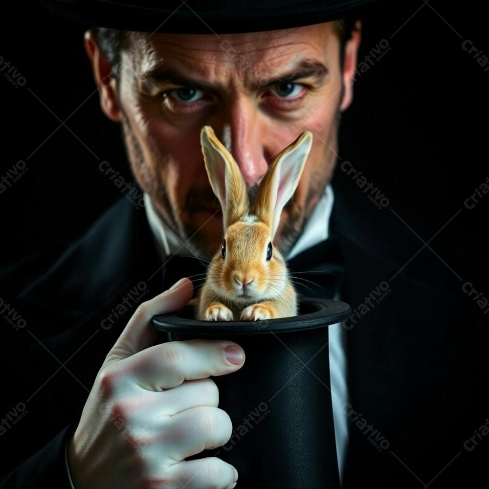 High Resolution Stock Photo Extreme Macro Close Up Of A Man In A Magician&#39;S Outfit Pulling A Rabbit From A Top Hat. Chiaroscuro Lighting, Strong Contrasts, Deep Shadows, Commercial Quality, Small Subject Detail