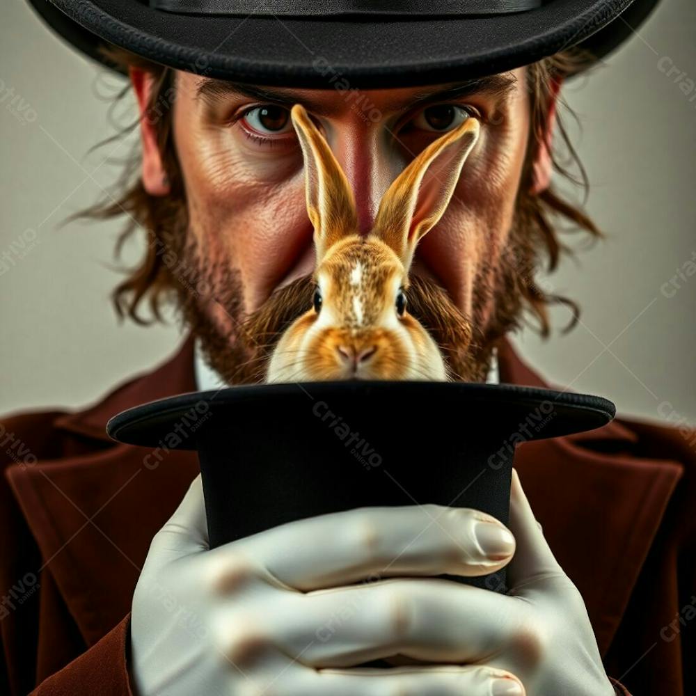 High Resolution Stock Photo Extreme Macro Close Up Of A Man In A Magician&#39;S Outfit Pulling A Rabbit From A Top Hat. Strong Hard Light, Natural Earth Tones, Browns, Beiges, Muted Colors, Direct Harsh Shadows, Commercial Quality, S