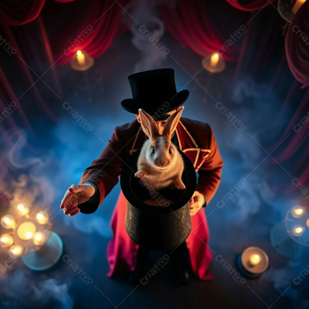 High Resolution Stock Photo High Angle Perspective Of A Man In A Magician&#39;S Outfit Pulling A Rabbit From A Top Hat. Elevated View, Mystic Enchanting Environment, Gentle Color Contrasts, Dreamlike Atmosphere, Otherworldly Ethereal