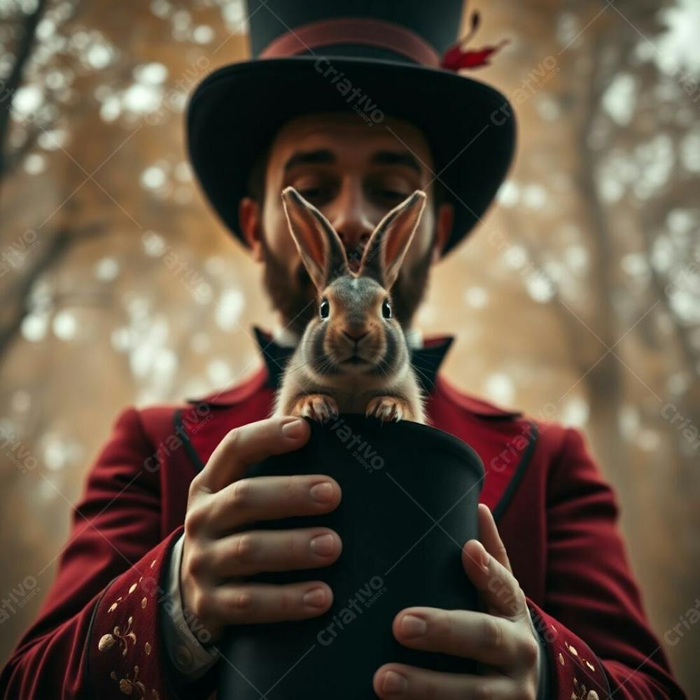 High Resolution Stock Photo Low Angle Perspective Of A Man In A Magician&#39;S Outfit Pulling A Rabbit From A Top Hat. Soft Cinematic Haze, Warm Autumn Colors, Soft Focus, Hazy Background, Dramatic, Earthy And Cozy, Commercial Qualit