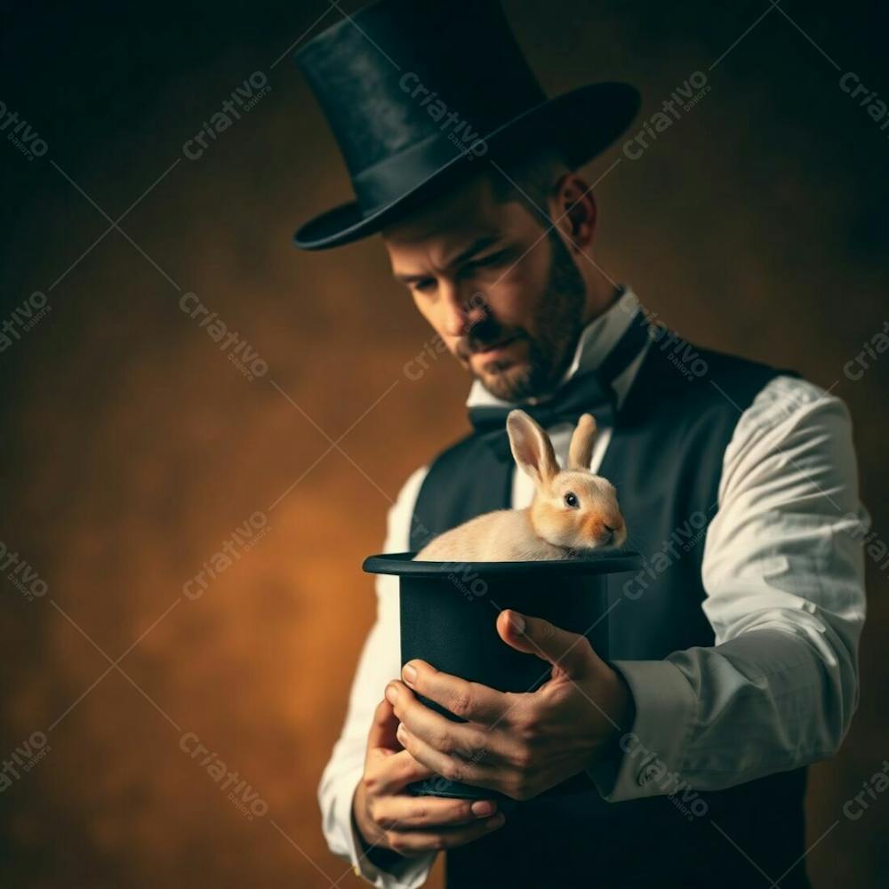 High Resolution Stock Photo Of A Man In Magician&#39;S Attire Pulling A Rabbit From A Top Hat, Commercial Quality, Blurred Bokeh Effect, Natural Earth Tones, Contrasting Chiaroscuro Lighting, Strong Contrasts, Deep Shadows, Browns, B