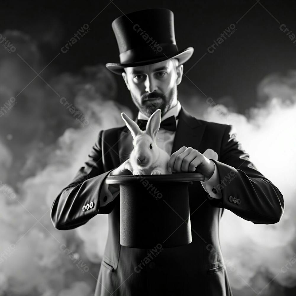 High Resolution Stock Photo Of A Man In Magician&#39;S Attire Pulling A Rabbit From A Top Hat, Commercial Quality, Classic Black And White, Volumetric Lighting, Timeless And Elegant Style, Visible Light Beams Through Dust Or Fog