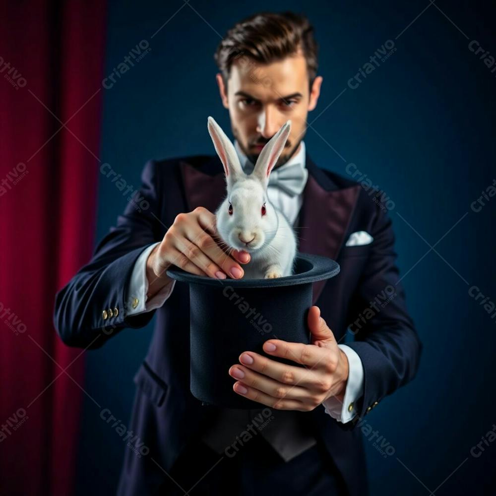 High Resolution Stock Photo Of A Man In Magician&#39;S Attire Pulling A Rabbit From A Top Hat, Commercial Quality, Dynamic Motion, Rich Burgundy And Deep Blue, Sophisticated And Elegant Style, Blurred Lines, Action Poses