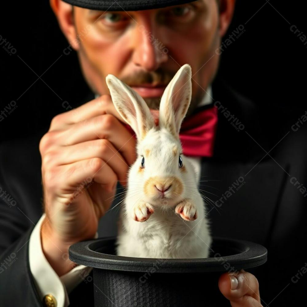 High Resolution Stock Photo Of A Man In Magician&#39;S Attire Pulling A Rabbit From A Top Hat, Commercial Quality, Extreme Macro Close Up, Strong Hard Light, Small Subject Detail, Direct Harsh Shadows