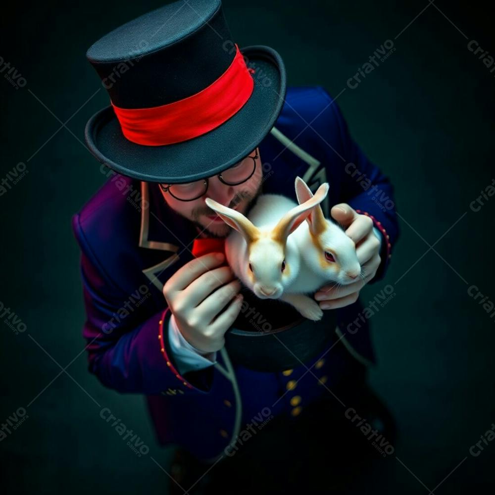 High Resolution Stock Photo Of A Man In Magician&#39;S Attire Pulling A Rabbit From A Top Hat, Commercial Quality, Overhead Bird&#39;S Eye View, Electric Vivid Colors, Top Down Perspective