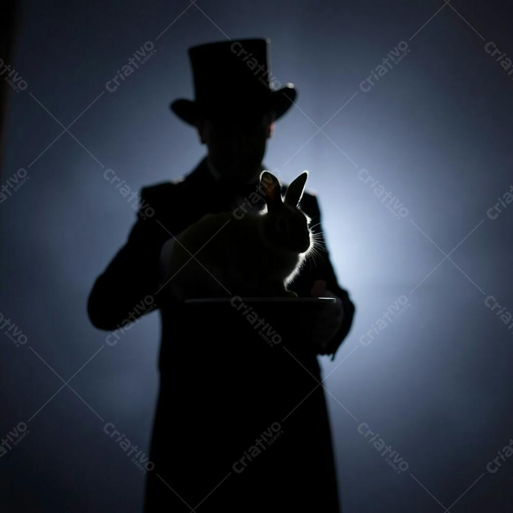 High Resolution Stock Photo Of A Silhouetted Man In Magician&#39;S Attire Pulling A Rabbit From A Top Hat, Commercial Quality, Blurred Bokeh Effect, Backlighting, Sharp Subject Focus, Soft Background, Light Source Behind Subject