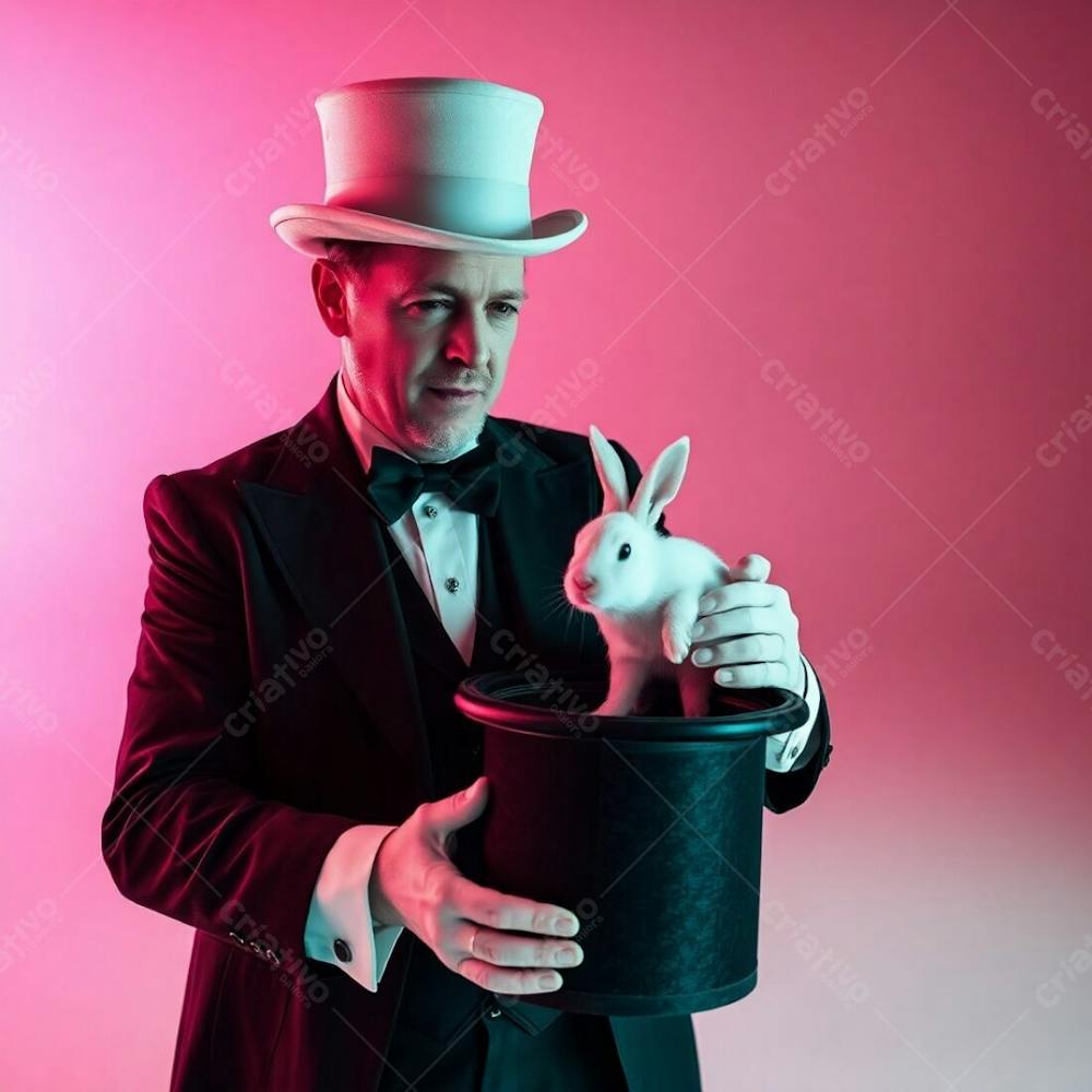 High Resolution Stock Photo Surreal Infrared Tones, Gentle Soft Light, Diffused Shadows, Subtle Illumination, Infrared Spectrum, Otherworldly Appearance, Commercial Quality, A Man In A Magician&#39;S Outfit Pulling A Rabbit From A To