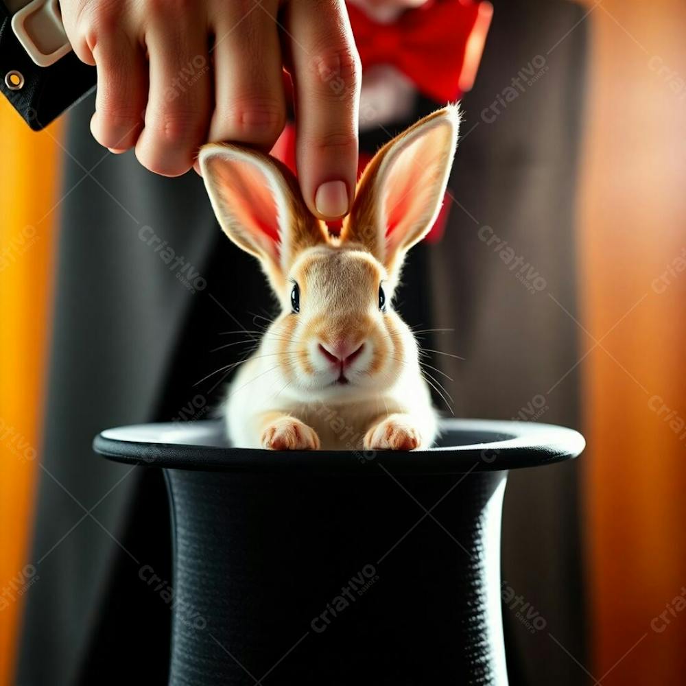 High Resolution Stock Photo Tight Close Up Of A Magician Pulling A Rabbit From A Top Hat, Bright Lens Flare, Vibrant Colors, Detailed Focus. Commercial Quality