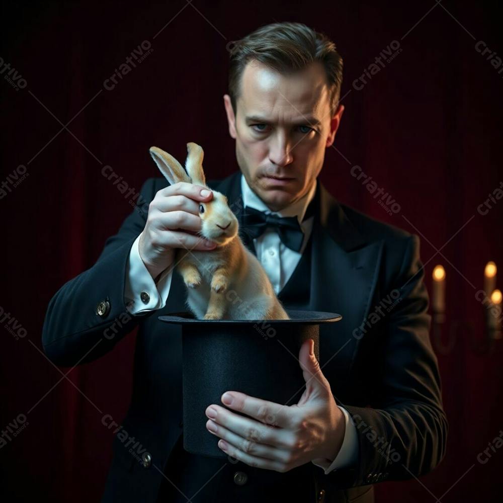 High Resolution Stock Photo, A Man In A Magician&#39;S Outfit Pulling A Rabbit From A Top Hat, Dramatic Cinematic Style, Film Like Composition And Lighting, Commercial, Professional Quality