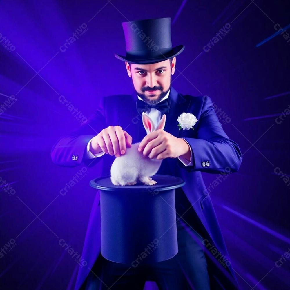 High Resolution Stock Photo, A Man In A Magician&#39;S Outfit Pulling A Rabbit From A Top Hat, Dynamic Motion, Bright Lens Flare, Deep Ultraviolet Hues, Vivid Purples, High Contrast, Light Streaks, Vibrant Colors, Blurred Lines, Acti