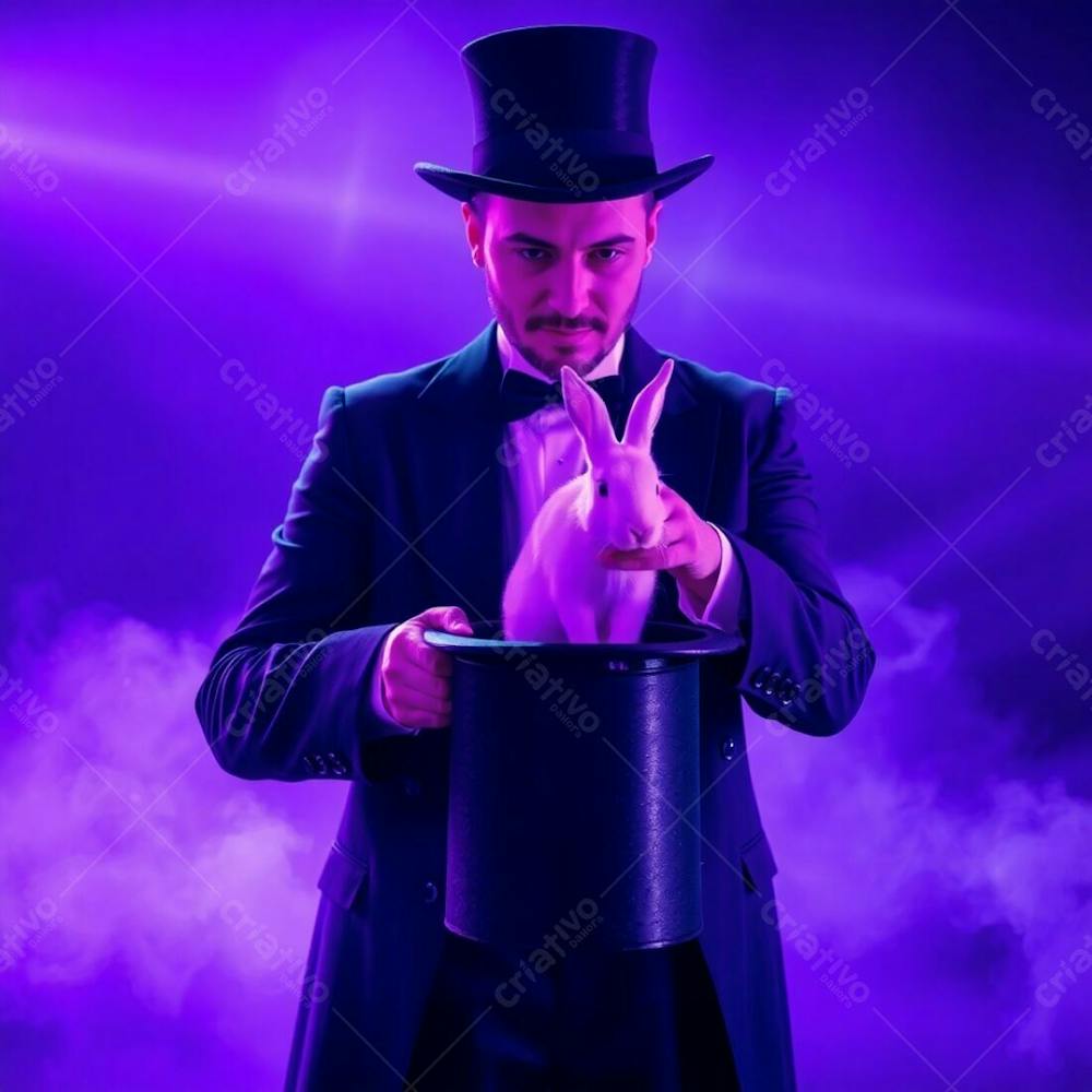 High Resolution Stock Photo, A Man In A Magician&#39;S Outfit Pulling A Rabbit From A Top Hat, Volumetric Lighting, Deep Ultraviolet Hues, Vivid Purples, High Contrast, Visible Light Beams Through Dust Or Fog, Commercial, Professiona