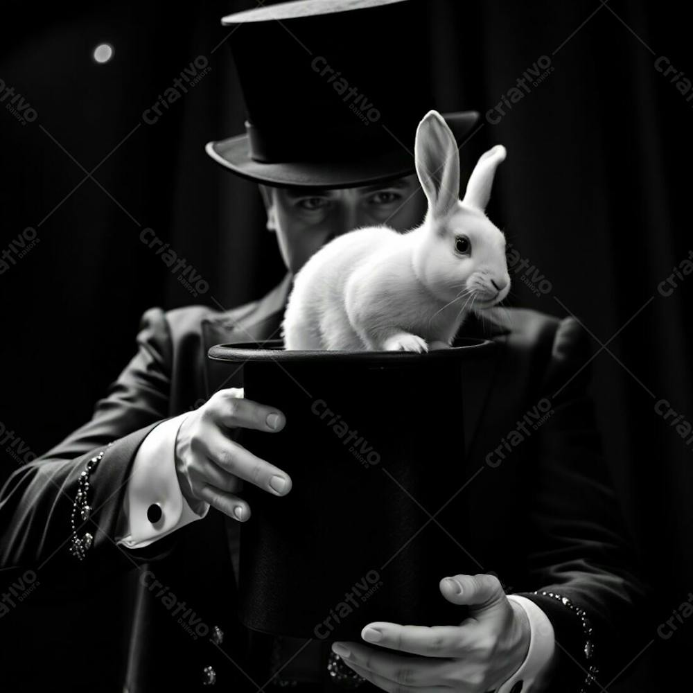 High Resolution Stock Photo, Commercial Quality A Man In A Magician&#39;S Outfit Pulls A Rabbit From A Top Hat. Classic Black And White, Dramatic Cinematic Style, Film Like Composition And Lighting