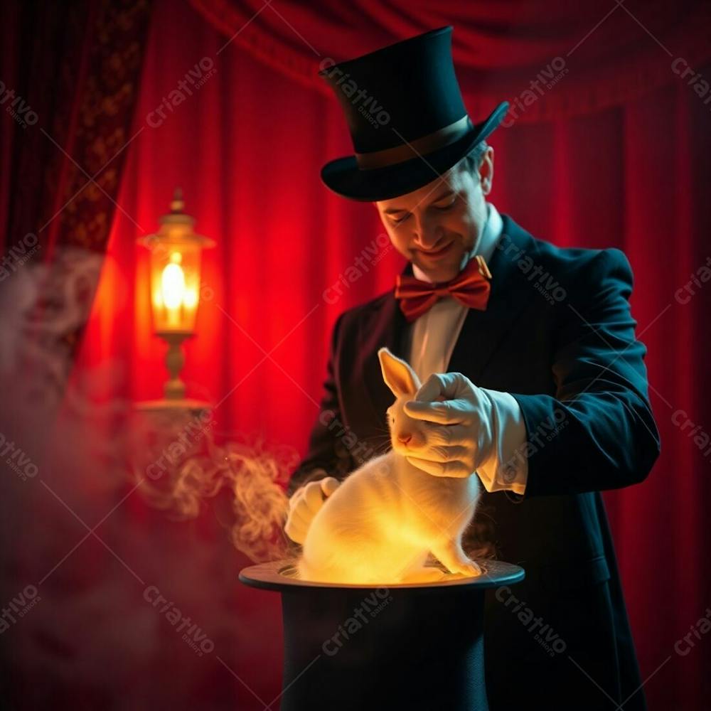 High Resolution Stock Photo, A Man In A Magician&#39;S Outfit Pulling A Rabbit From A Top Hat, Warm, Reds, Oranges, Yellows, Mystic Enchanting Environment, Gentle Color Contrasts, Dreamlike Atmosphere, Otherworldly Ethereal Quality,