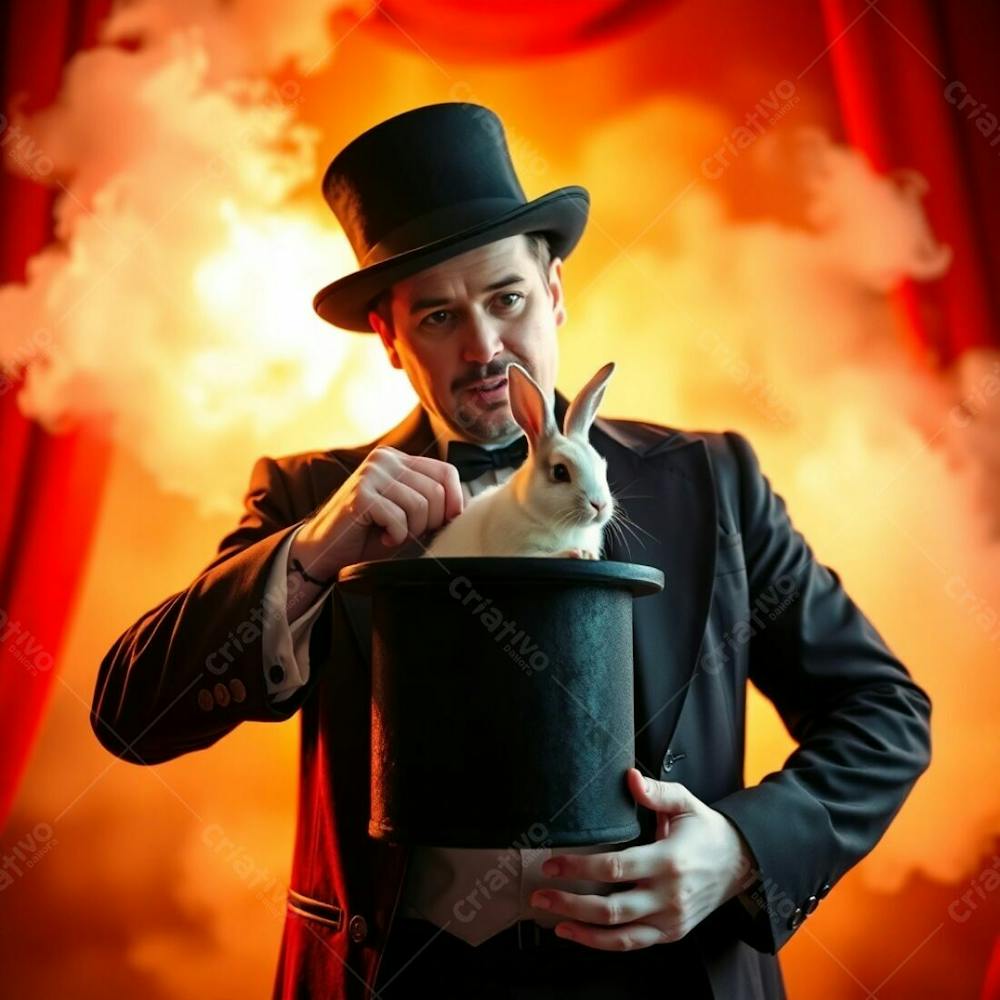 High Resolution Stock Photo, Commercial Quality A Man In A Magician&#39;S Outfit Pulls A Rabbit From A Top Hat. Dramatic Cinematic Style, Warm Colors, Reds, Oranges, Yellows, Film Like Composition And Lighting