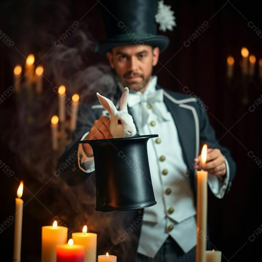 High Resolution Stock Photo, Commercial Quality A Man In A Magician&#39;S Outfit Pulls A Rabbit From A Top Hat. Ethereal Spiritual Vibe, Warm Candle Lights, Flickering Flames, Warm Glow, Light Aura, Mystical Feeling