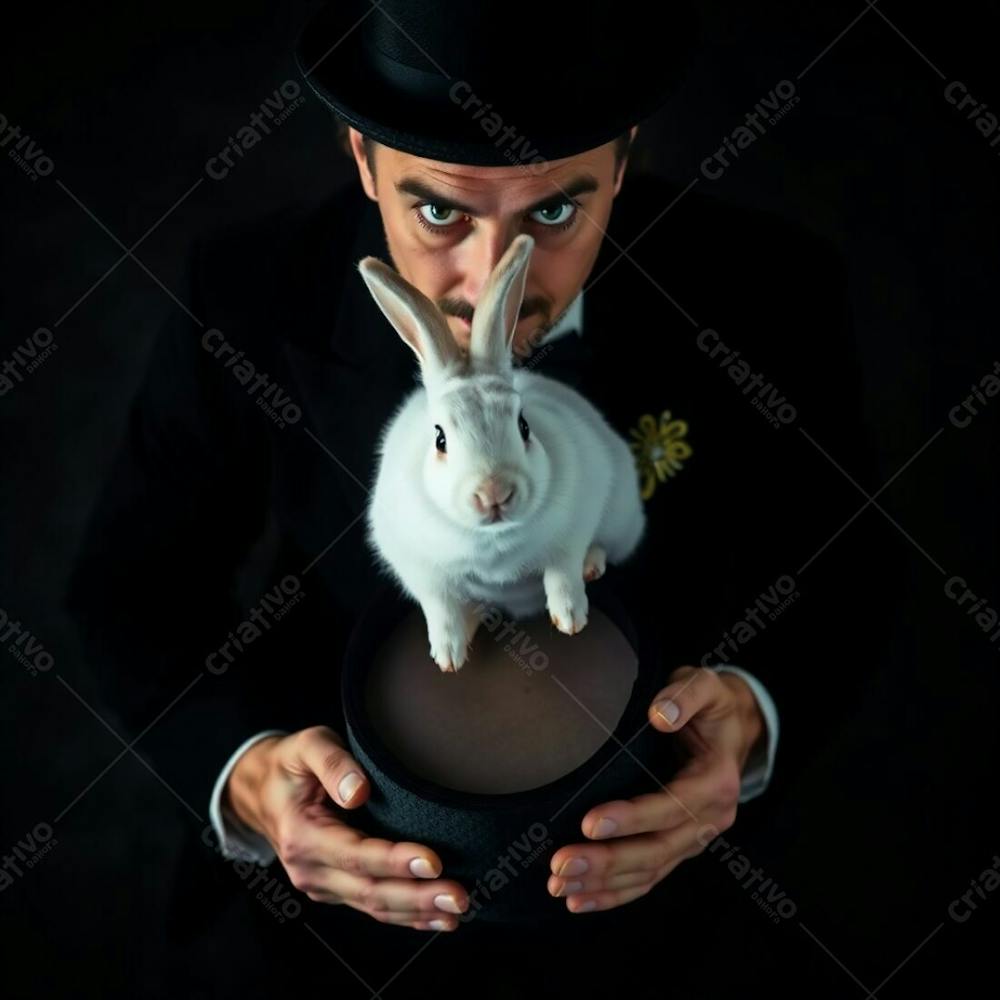 High Resolution Stock Photo, Commercial Quality A Man In A Magician&#39;S Outfit Pulls A Rabbit From A Top Hat. High Contrast, Low Key Lighting, Overhead Bird’s Eye View, Deep Shadows, Dramatic Effect